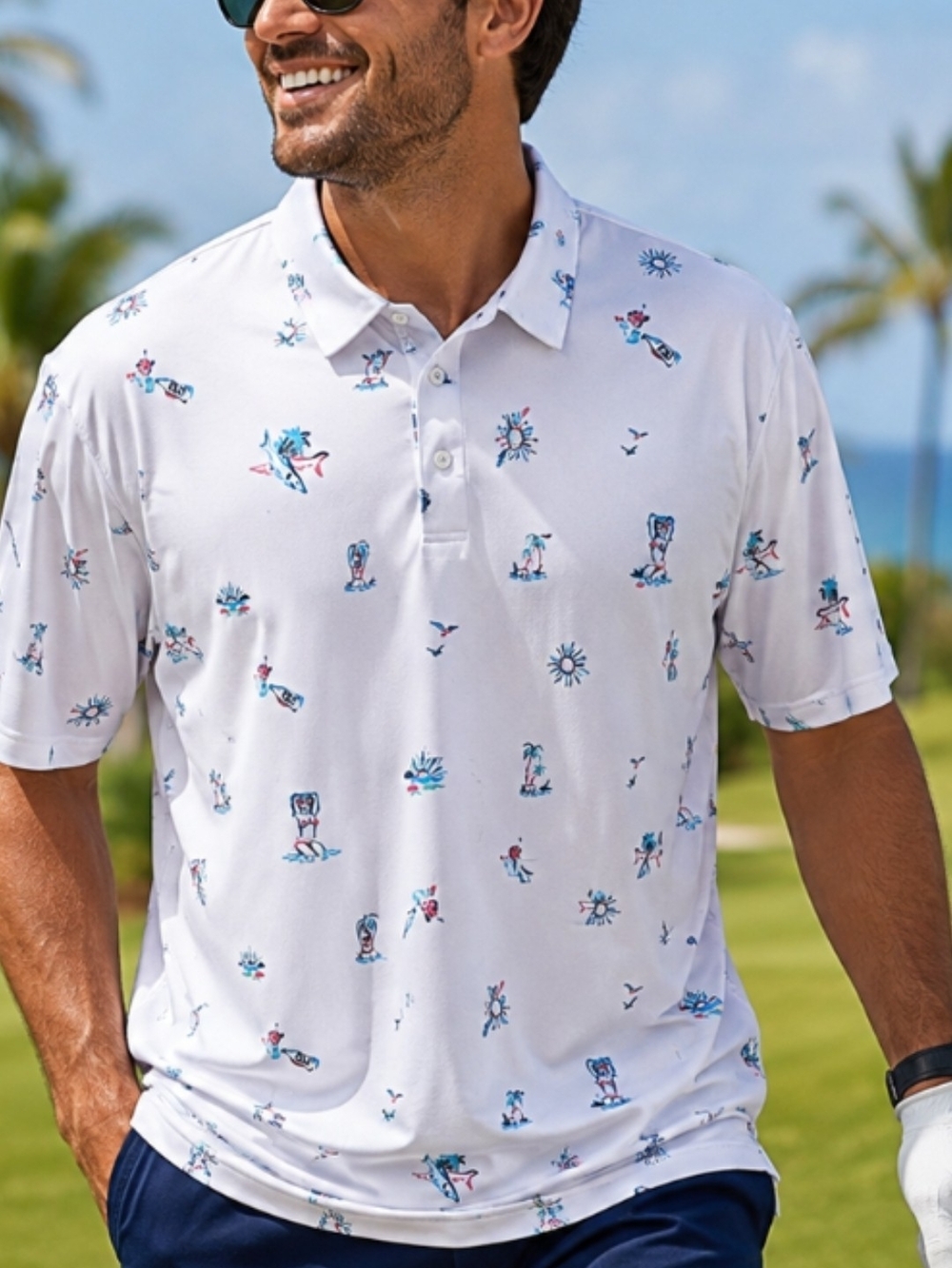 Scales Golf Polo Shirt XL White Tropical Beach Print Performance Stretch